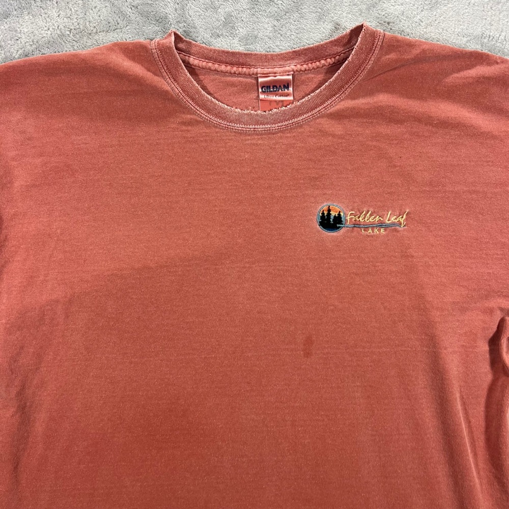 Fallen Leaf Lake Embroidered T-Shirt Mens XL Red Good Faded Cotton Gildan Travel